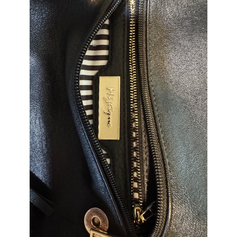 Mystique Black Vegan Leather Tassel Backpack Gold Hardware Striped Lining - Picture 5 of 7